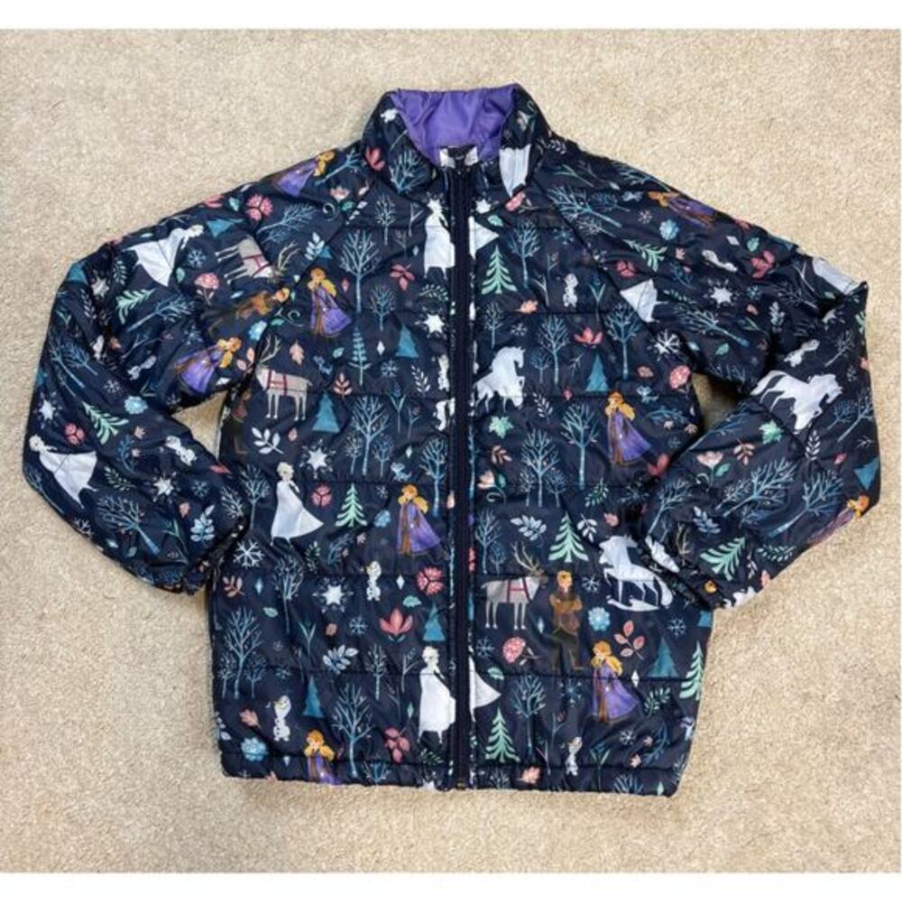 Disney Frozen 2 Full Zip Navy Blue Puffer Jacket Anna Elsa Olaf Kids Size 7-8